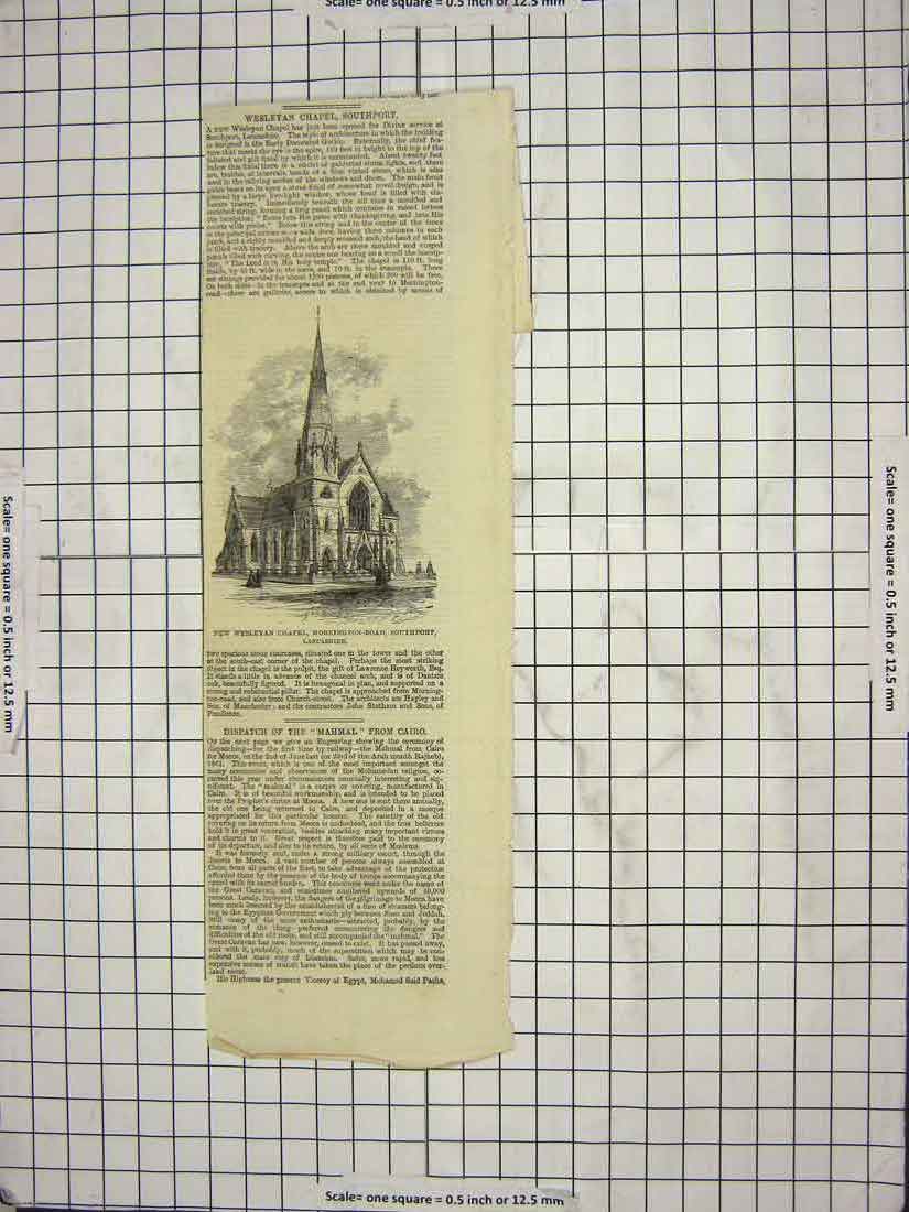 Original Old Antique Print 1861 Wesleyan Chapel Southport Lancashire England