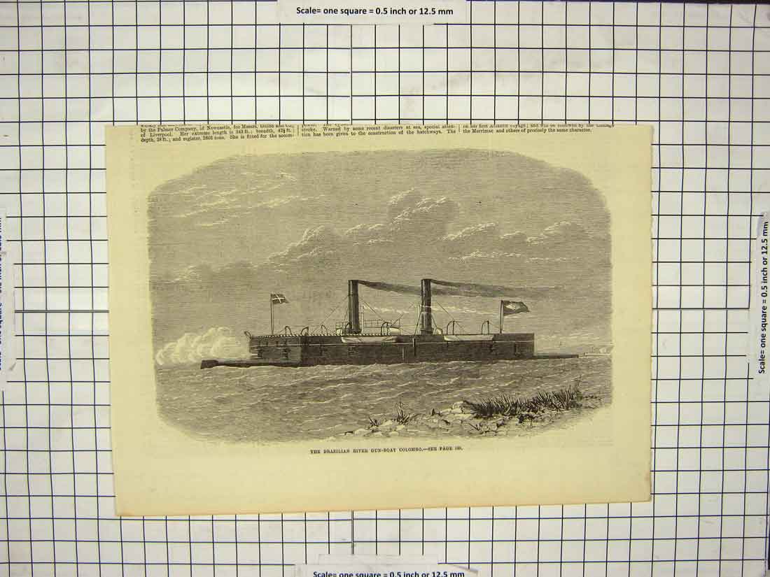 Original Old Antique Print Brazilian River Gun Boat Colombo Ship