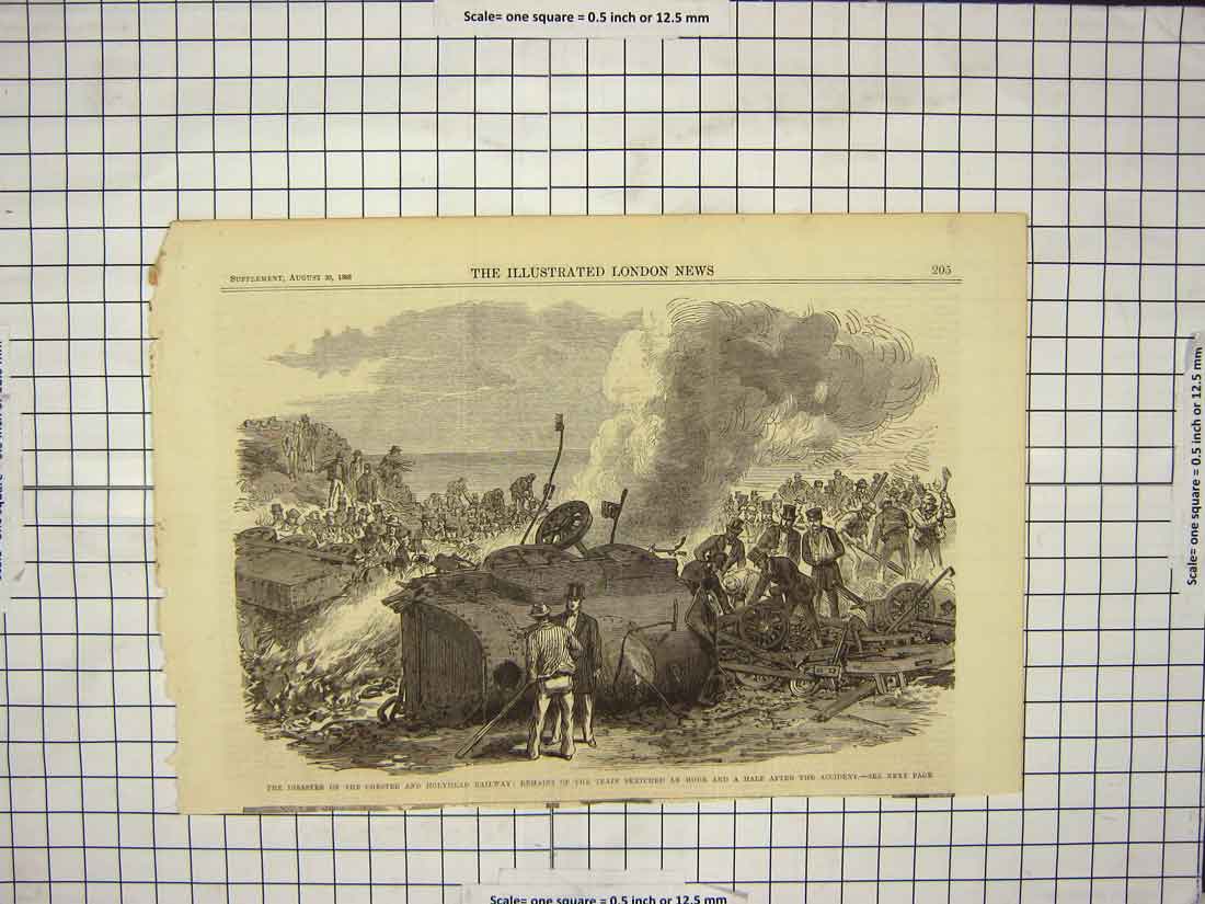Original Old Antique Print 1868 Crash Holyhead Railway Train Accident Victorian