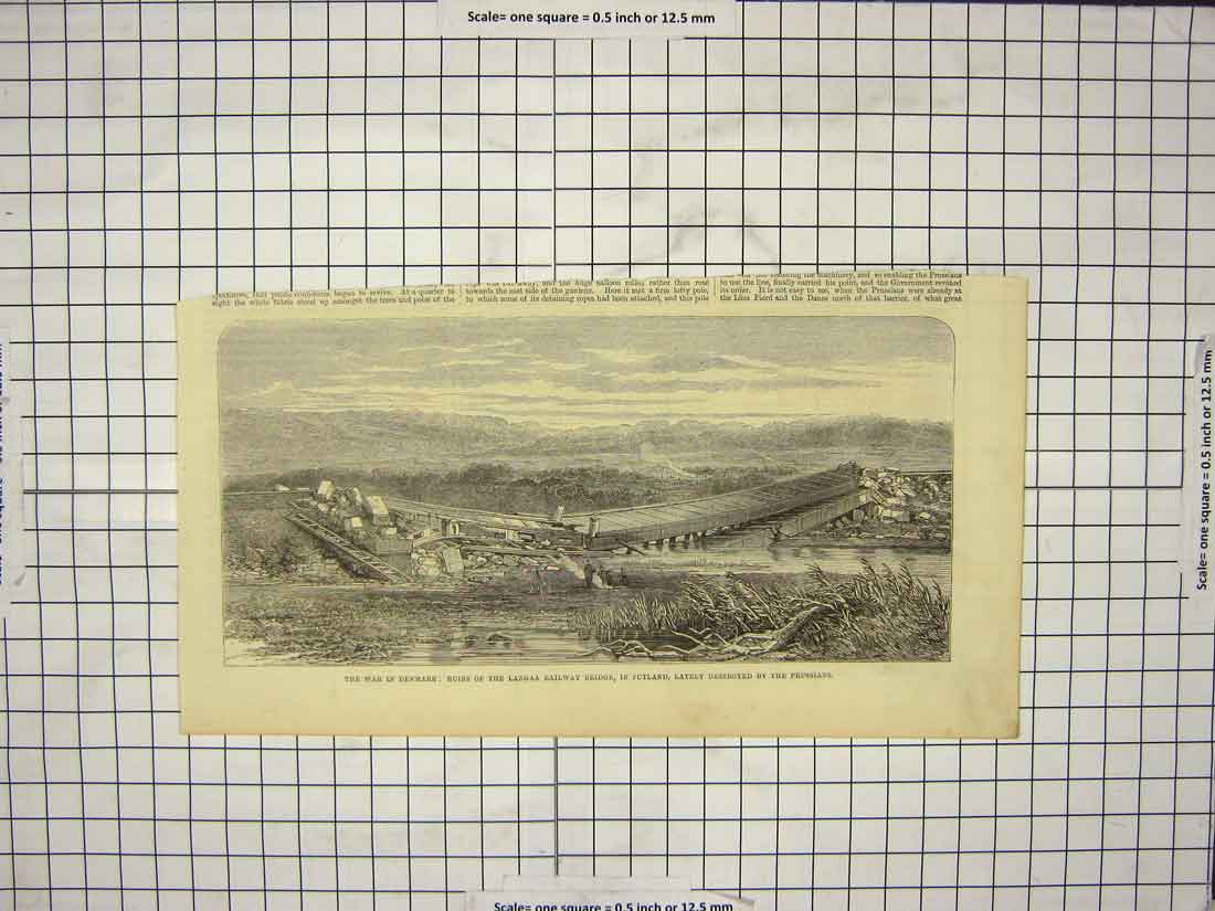 Original Old Antique Print War Denmark Langaa Railway Bridge Jutland Destroyed