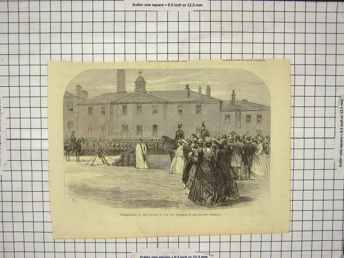 Original Old Antique Print Presentation Colours 39Th Regiment Salford Barracks