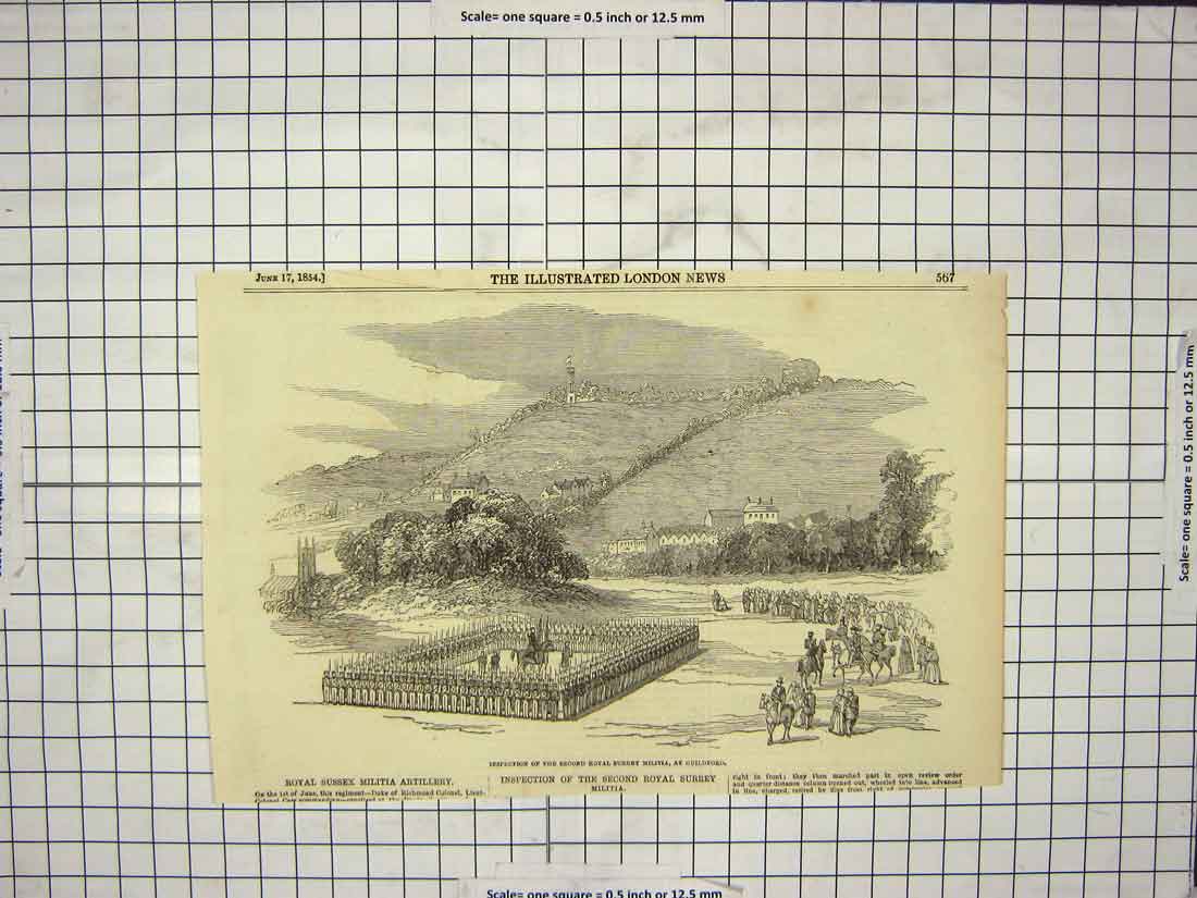 Old Antique Print 1854 Inspection Second Royal Surrey Militia Guildford 19th