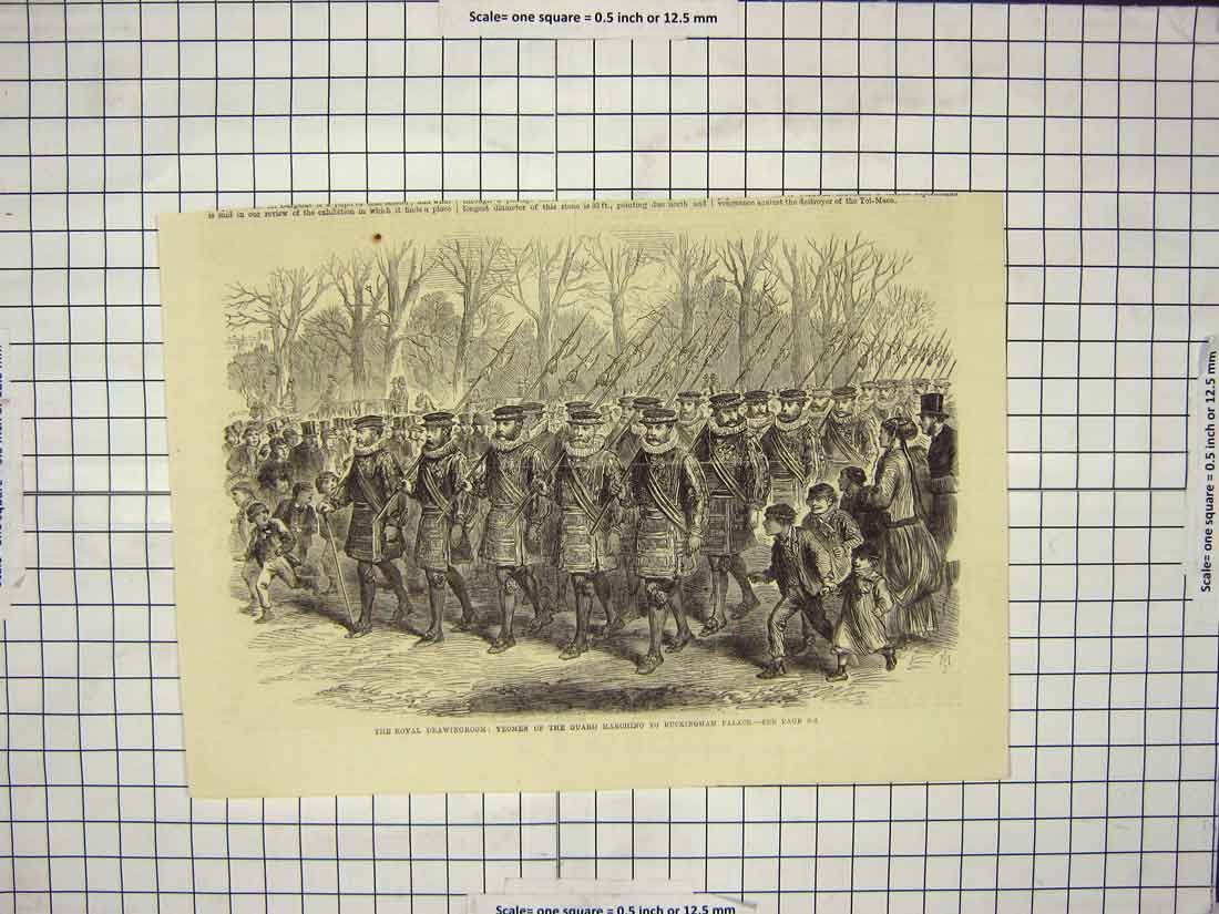 Original Old Antique Print Yeomen Guard Marching Buckingham Palace London