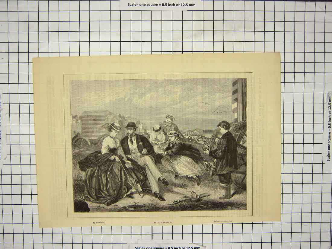 Original Old Antique Print Scene At The Seaside Family Day Out Beach Sand