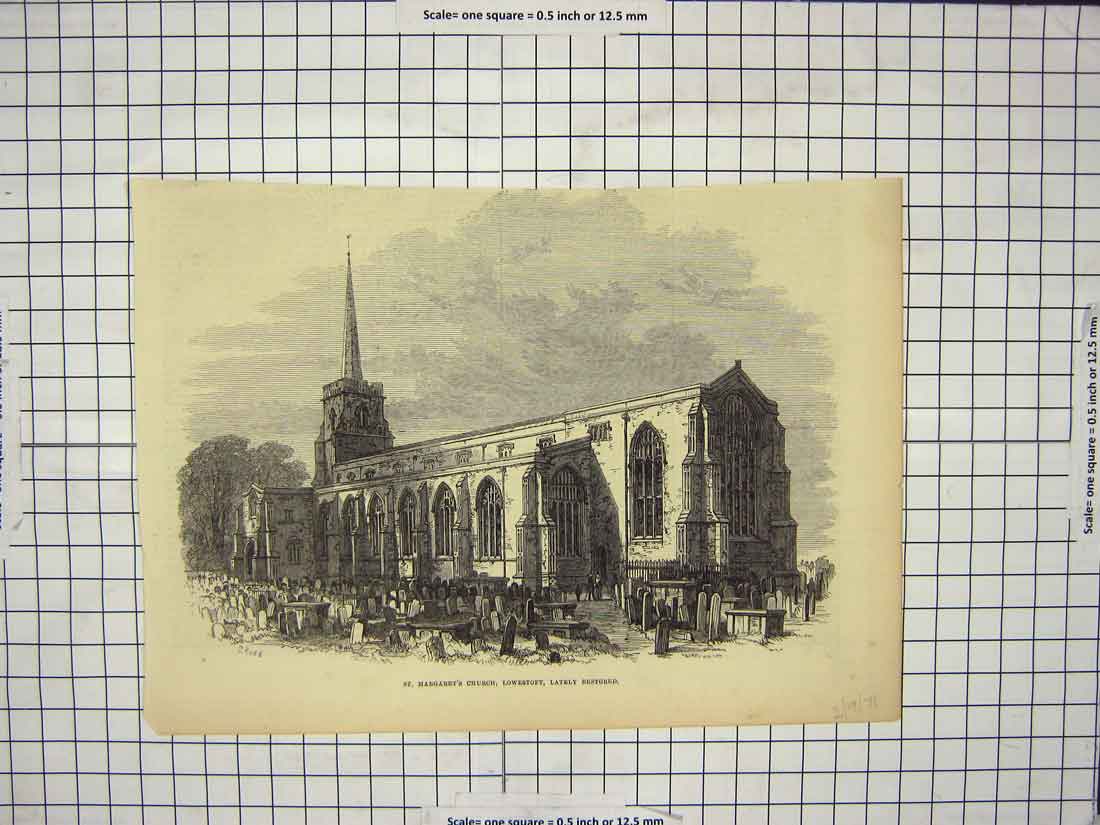 Original Old Antique Print 1871 St. Margaret'S Church Lowestoft Architecture