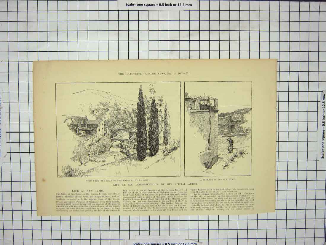 Original Old Antique Print 1887 Life San Remo Madonna Della Costa Terrace Town
