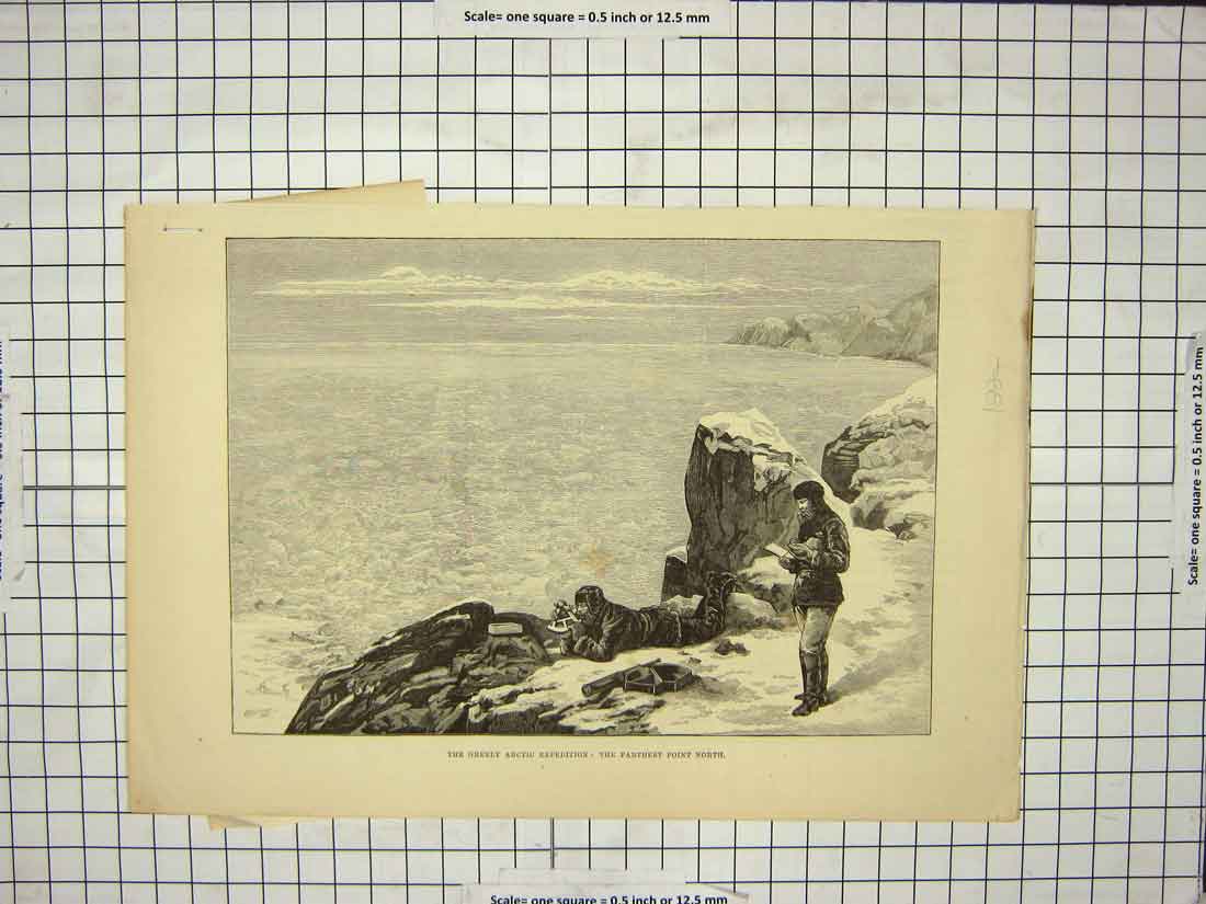 Original Old Antique Print 1887 Greely Arctic Expedition North Point Explorers