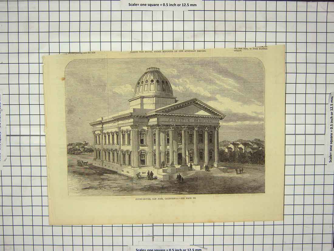 Original Old Antique Print Court House San Jose California America Architecture