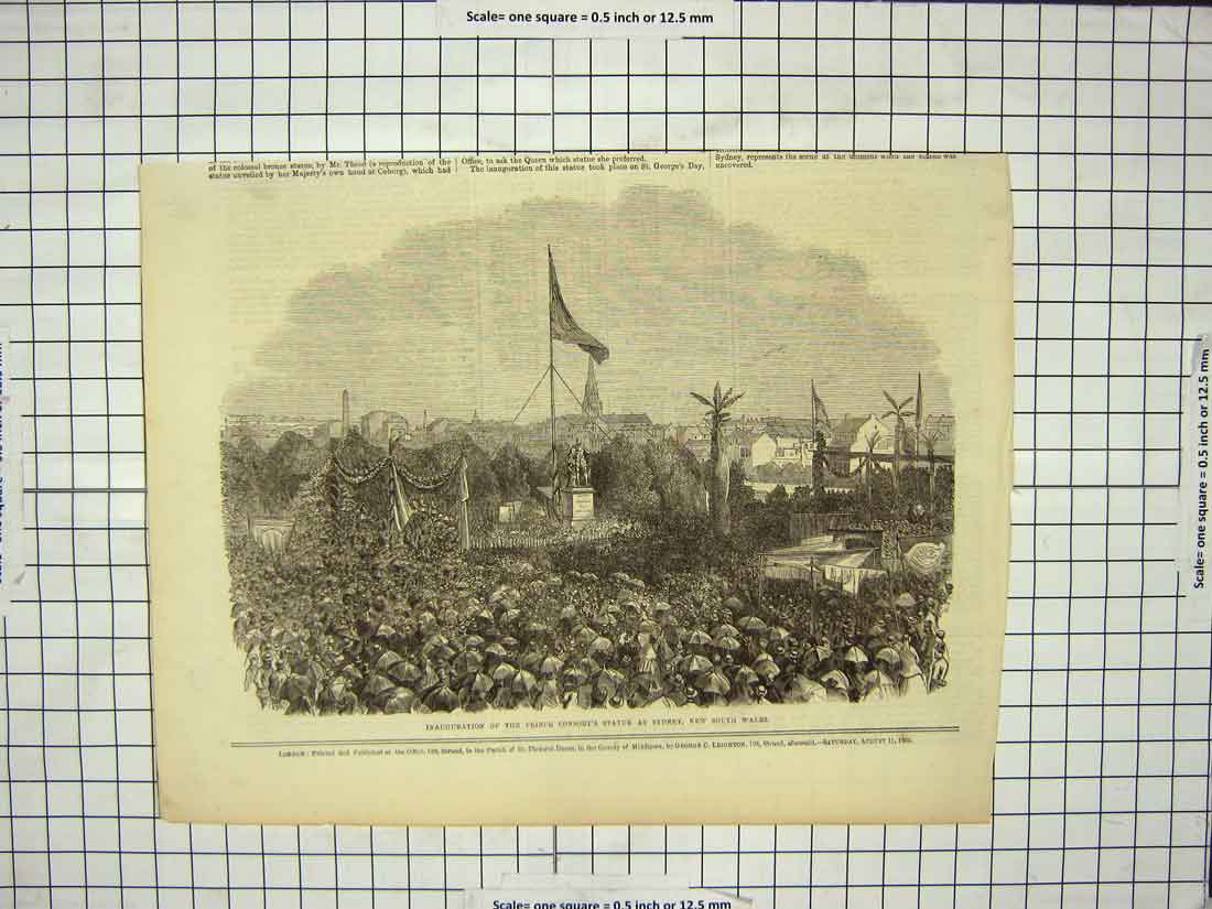 Original Old Antique Print 1866 Inauguration Prince Consort Statue Sydney Wales