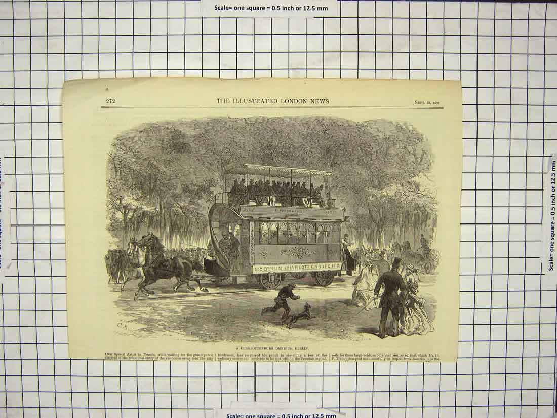 Original Old Antique Print 1866 Charlottenburg Omnibus Berlin Germany Transport