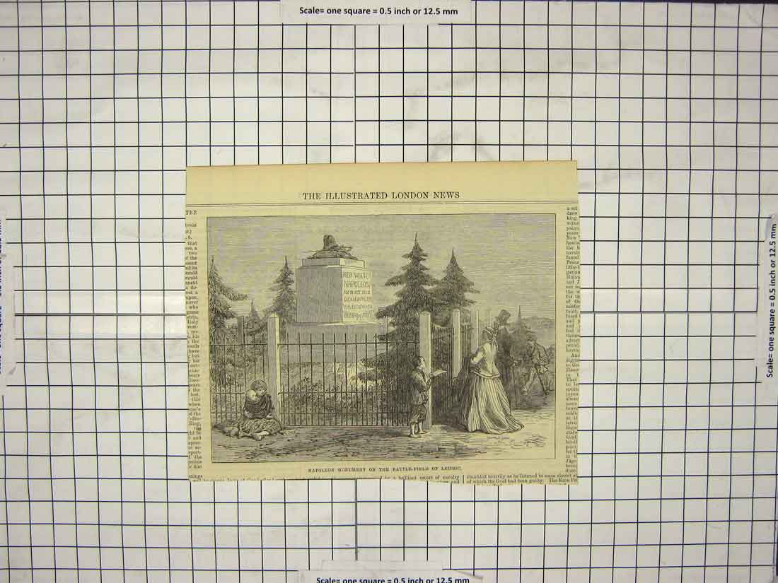 Original Old Antique Print Napoleon Monument Battle Fild Leipsic War Statue