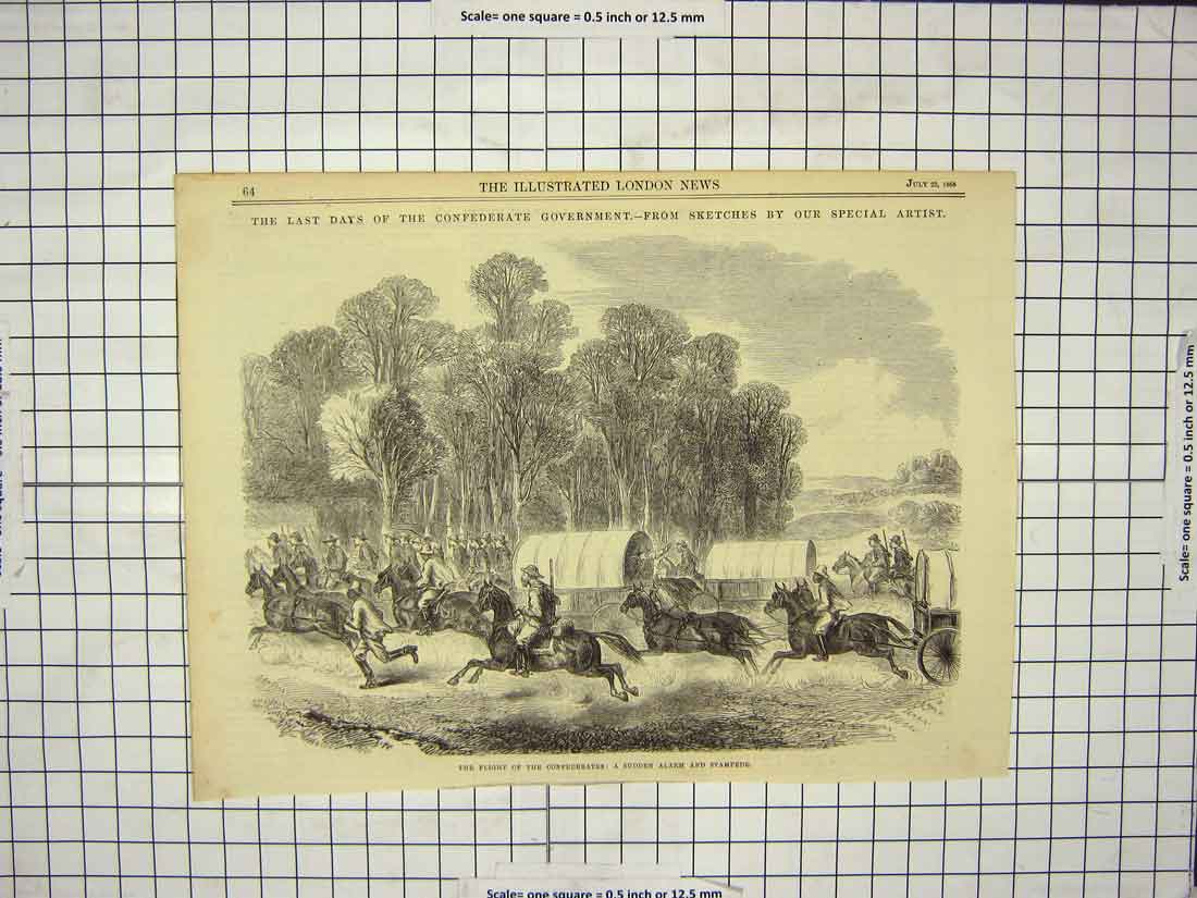 Original Old Antique Print 1865 Civil War Government Stampede Conferderates