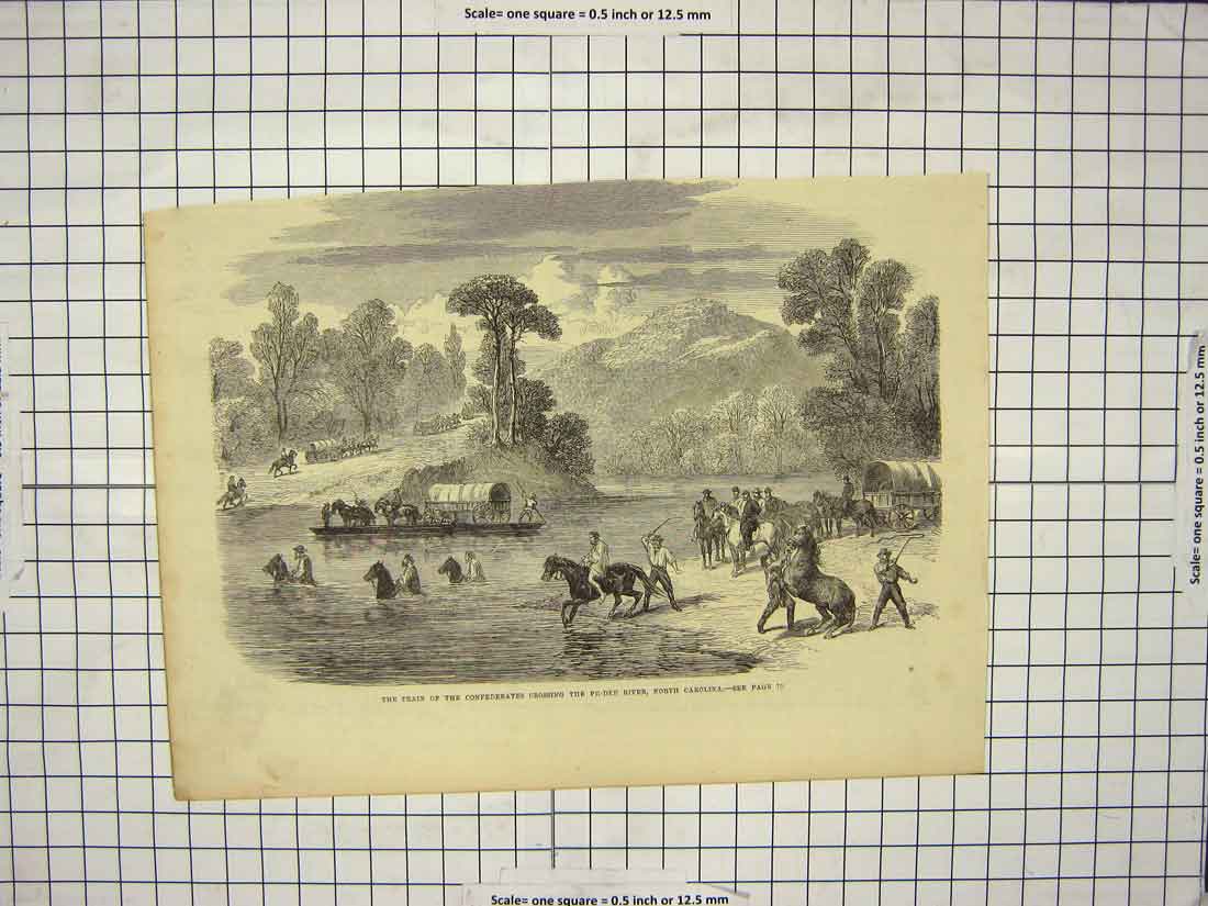 Original Old Antique Print Train Civil Wars Crossing River Pe-Dee Carolina