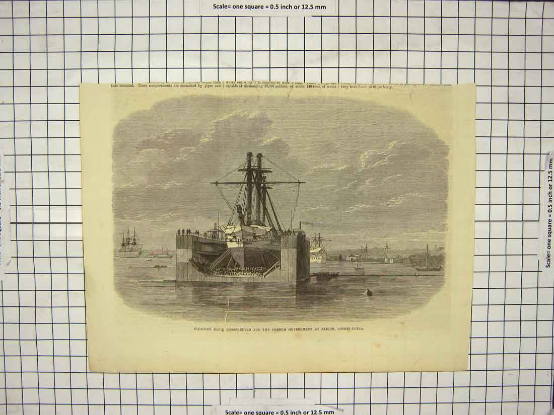 Original Old Antique Print Floating Dock French Government Saigon Cochin-China