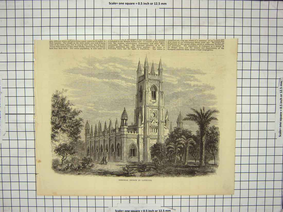 Original Old Antique Print Memorial Church Cawnpore Architecture