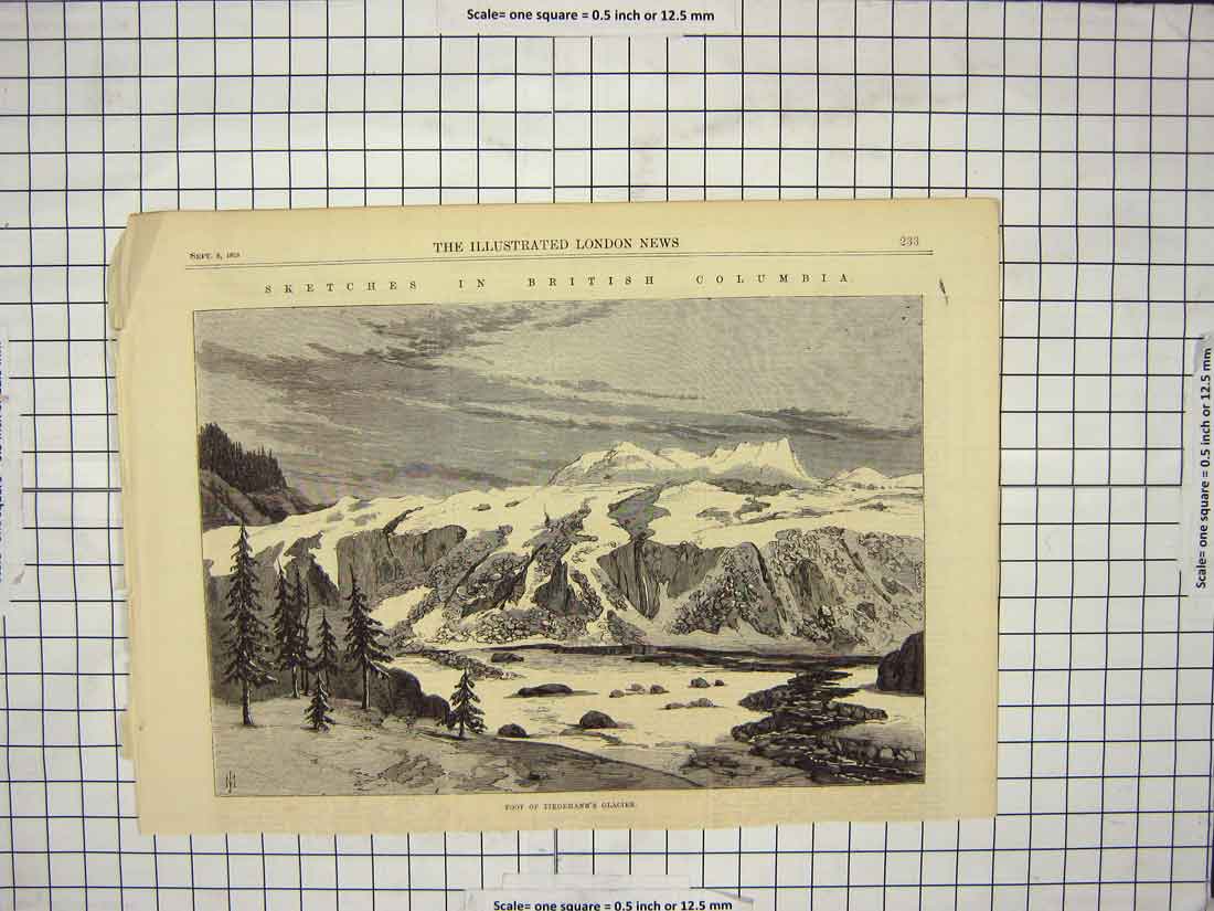Old Antique Print 1868 British Columbia Foot Tiedemann'S Glacier Mountain 19th