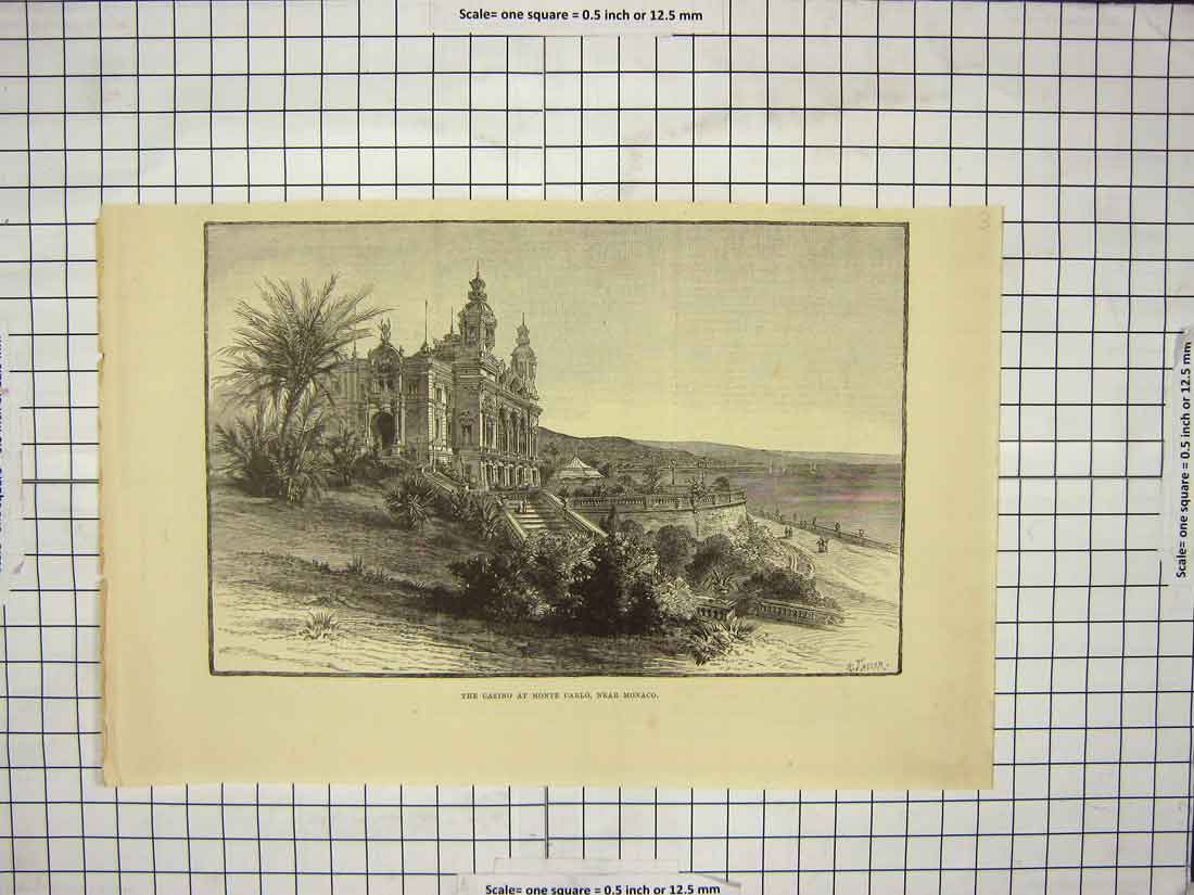 Original Old Antique Print Casino Monte Carlo Monaco France Architecture