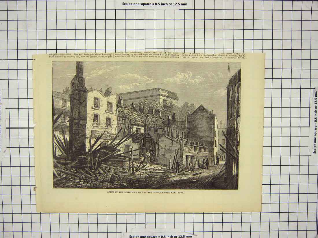 Original Old Antique Print Scene Disaster Fire Borough London Street England