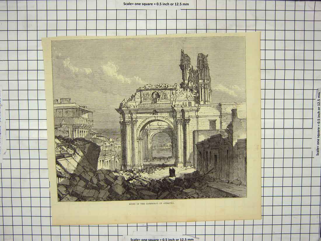 Original Old Antique Print Ruins Cathedral Arequipa Architecture