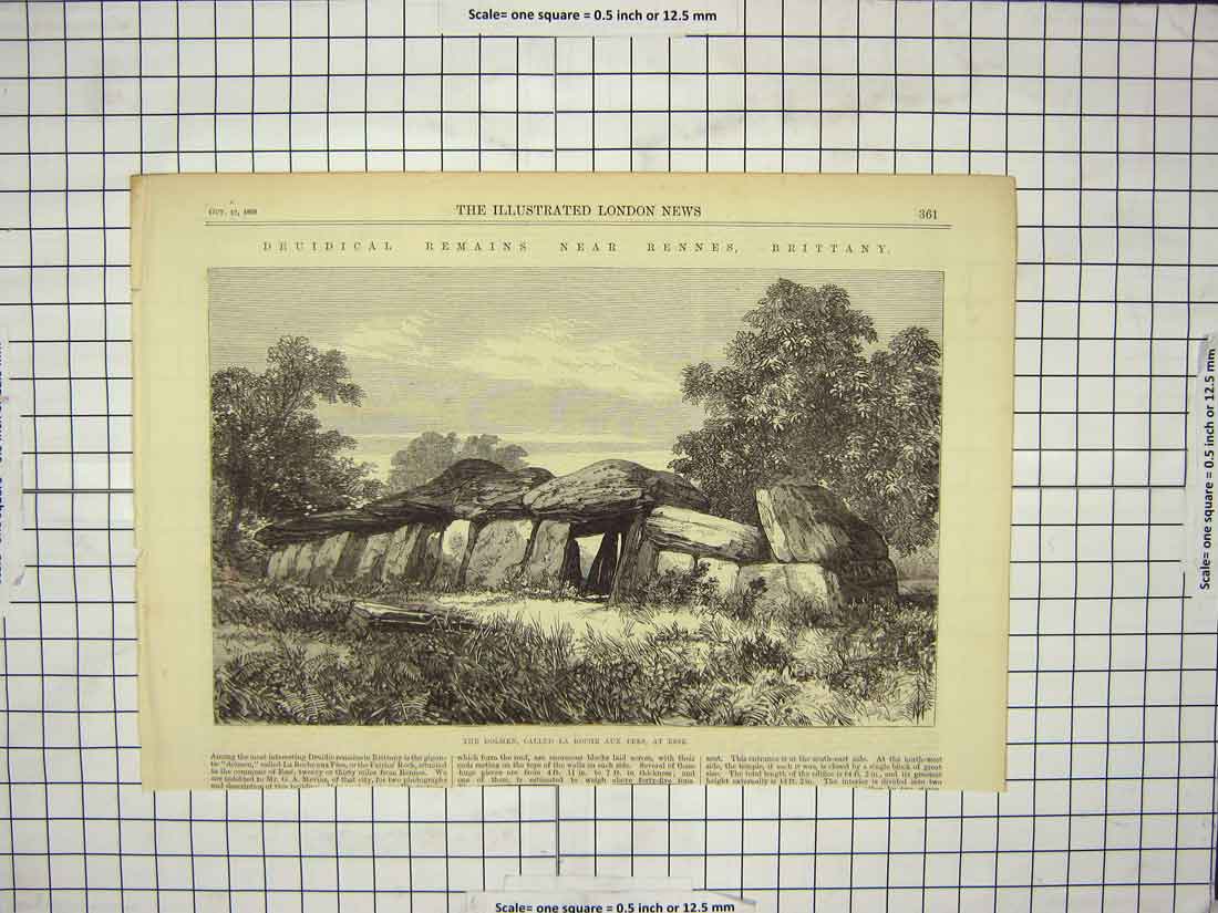 Old Antique Print 1868 Dolmen La Roche Aux Fees Esse Druidical Brittany 19th