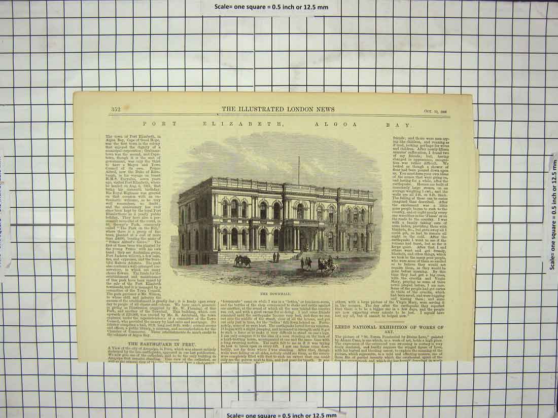 Original Old Antique Print 1868 Port Elizabeth Algoa Bay Townhall Architecture