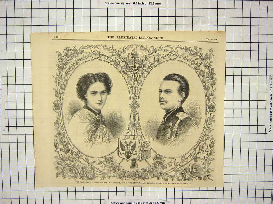 Original Old Antique Print 1866 Czarewitch Alexander Consort Dagmar Denmark