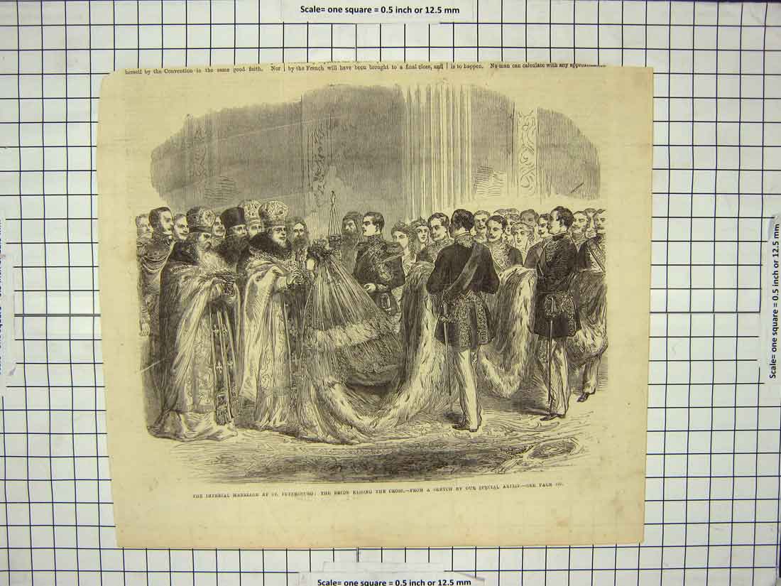 Original Old Antique Print Marriage Petersburg Scene Bride Kissing Cross 19th