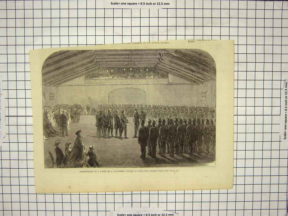 Original Old Antique Print Scene Presentation Sword Volunteer Hamilton Canada