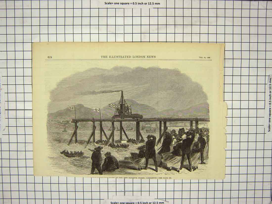 Original Old Antique Print 1868 Foundation Stone Harbour Works Carnarvon Wales