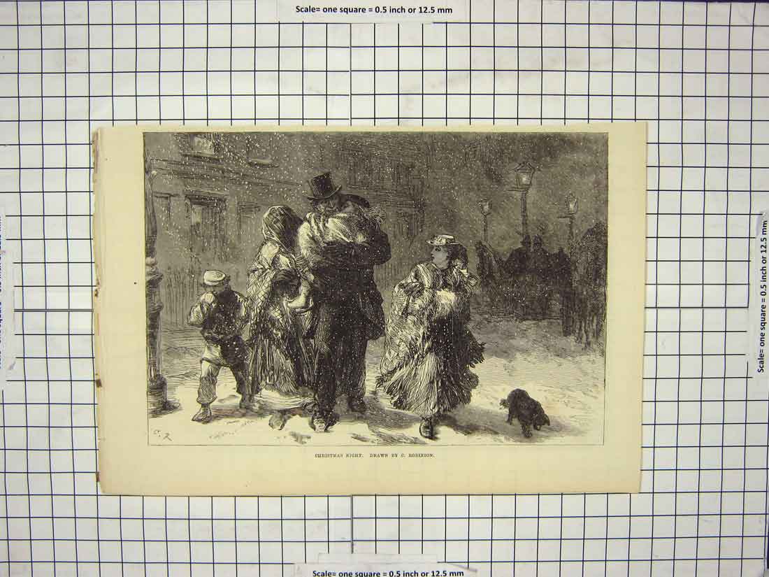 Original Old Antique Print Scene Christmas Night Family Snow Street Robinson