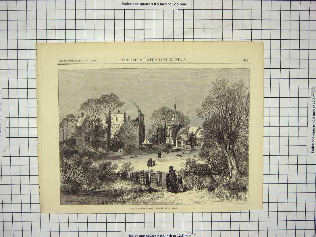 Original Old Antique Print 1868 Scene Christmas Morning Church Family Snow 19th