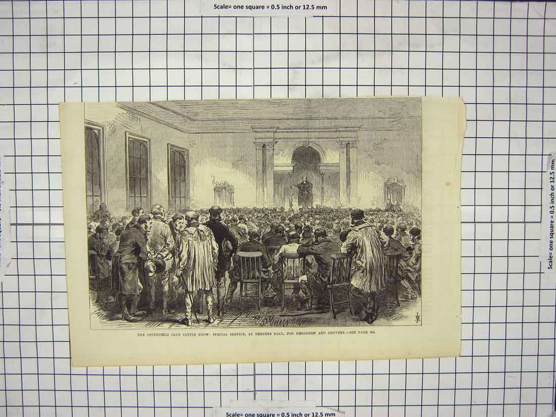 Original Old Antique Print Smithfield Club Cattle Show Berners Hall Herdsmen