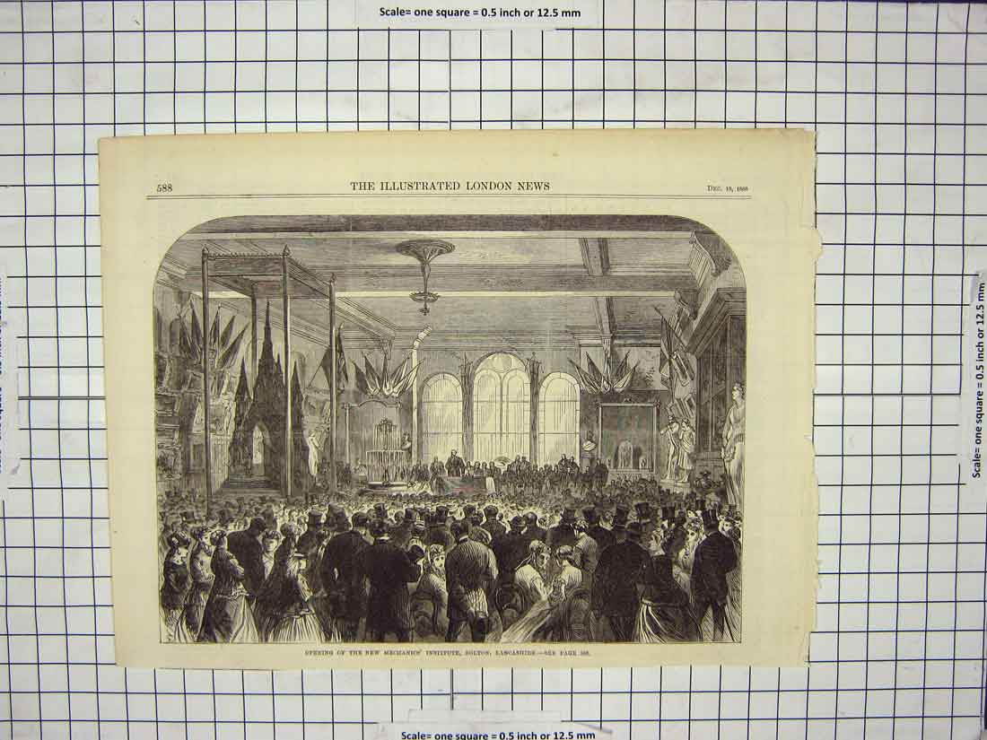Original Old Antique Print 1868 Opening Mechanics Institute Bolton Lancashire