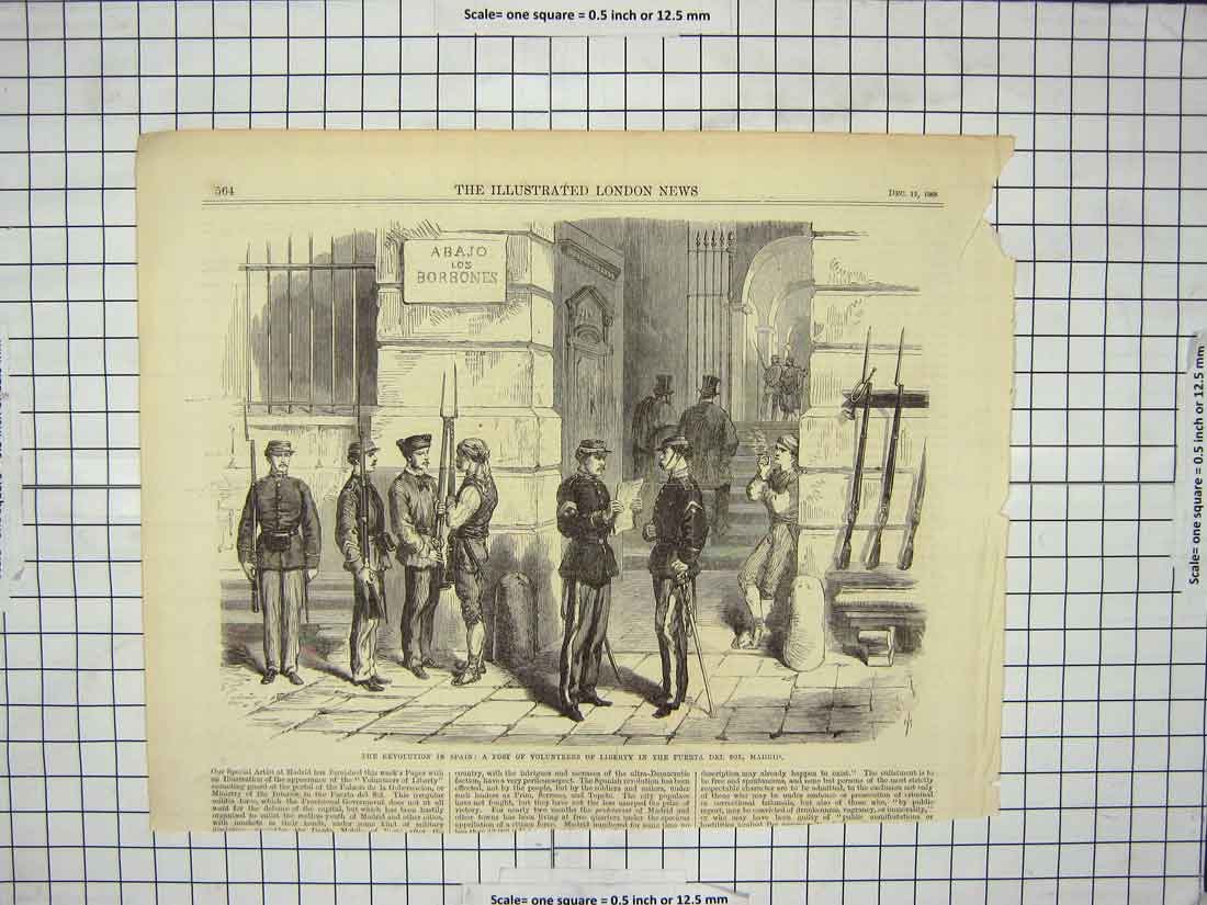 Old Antique Print 1868 Revolution Spain Volunteers Liberty Puerta Madrid 19th