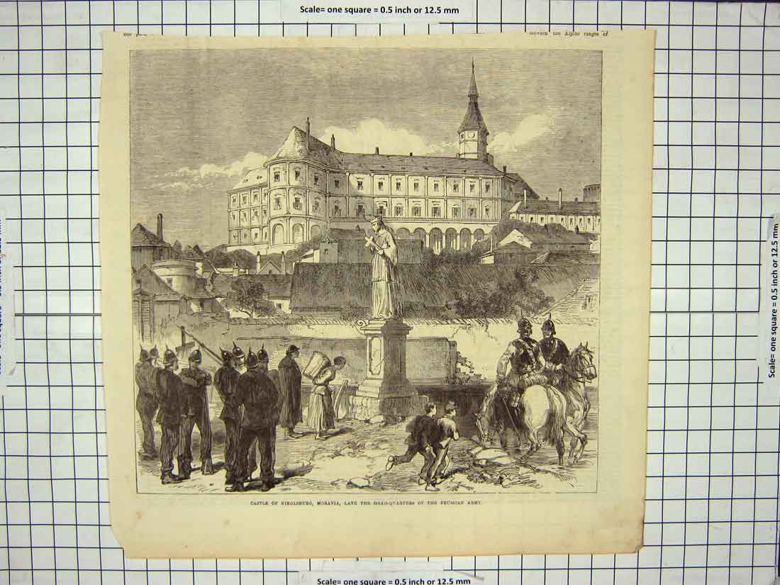 Original Old Antique Print Castle Nikolsburg Moravia Prussian Army Siers