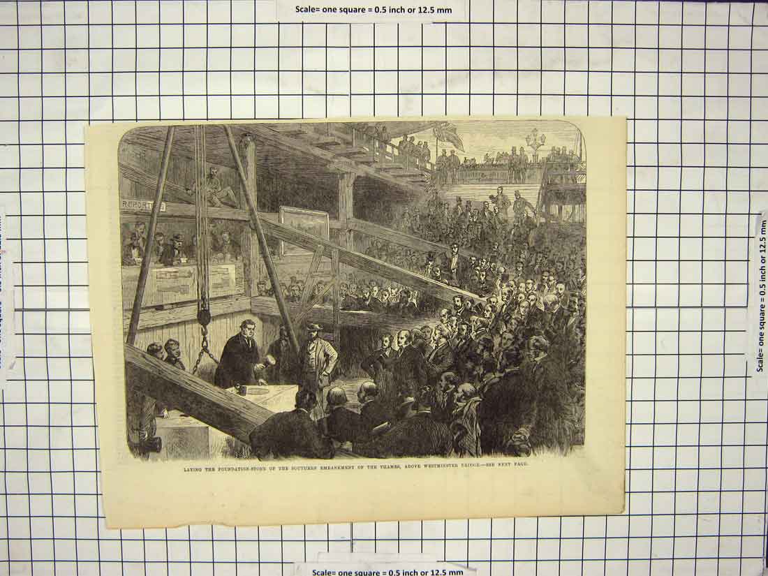 Old Antique Print Foundation Stone Embankment Thames Westminster Bridge