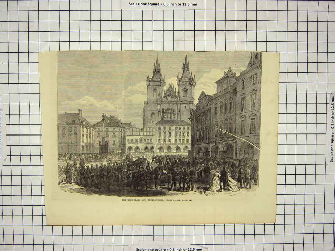 Old Antique Print Ring-Platz Thein-Kirche Prague Architecture Buildings