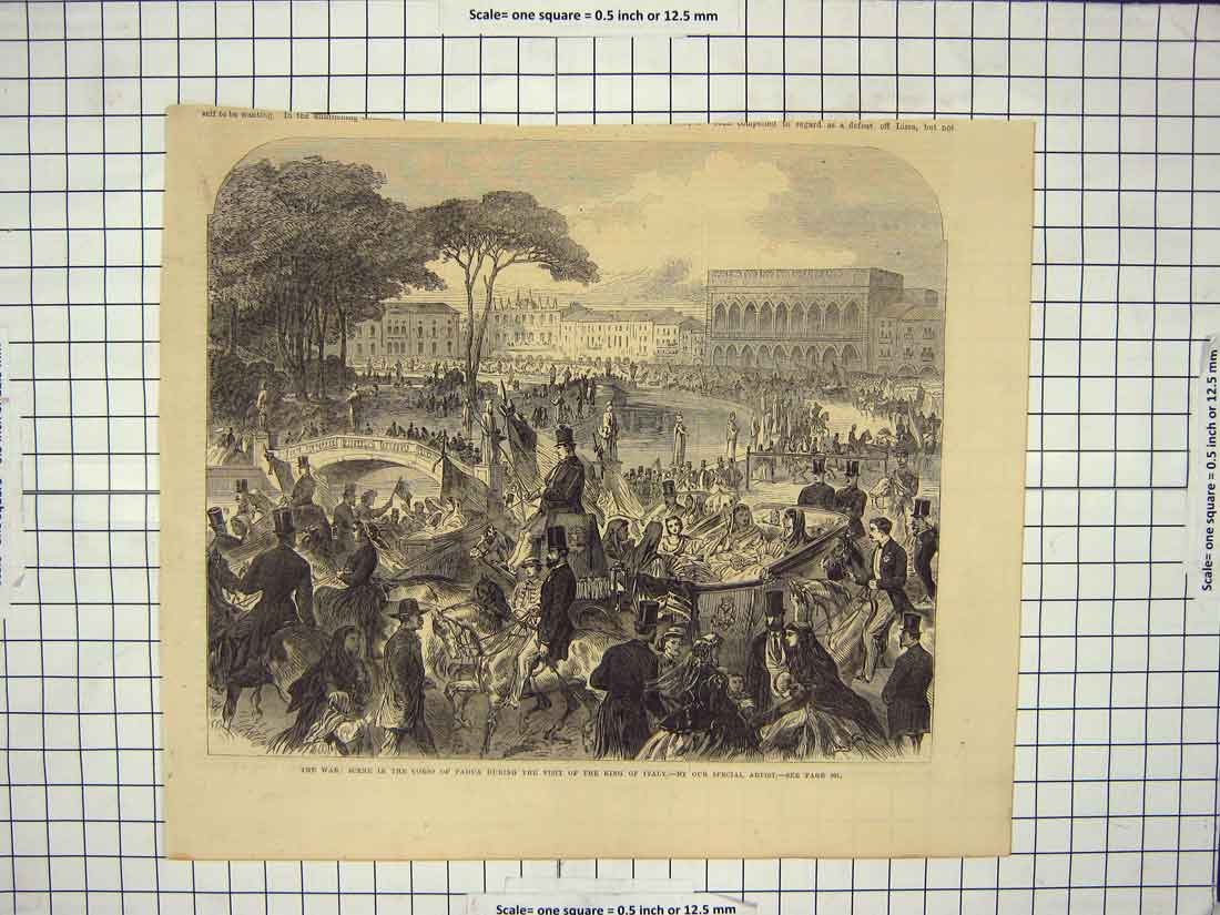 Original Old Antique Print War Scene Corso Padua King Italy River Bridge