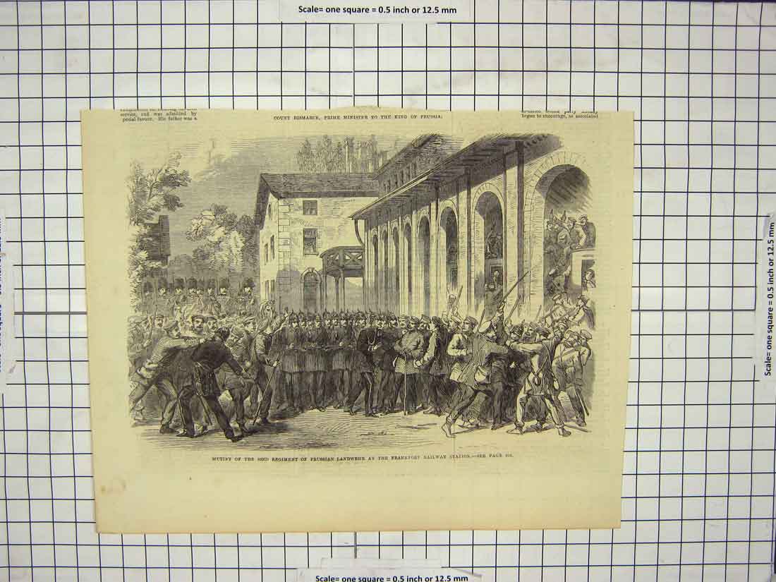 Original Old Antique Print War 32Nd Regiment Prussian Lanwehr Frankfort Railway
