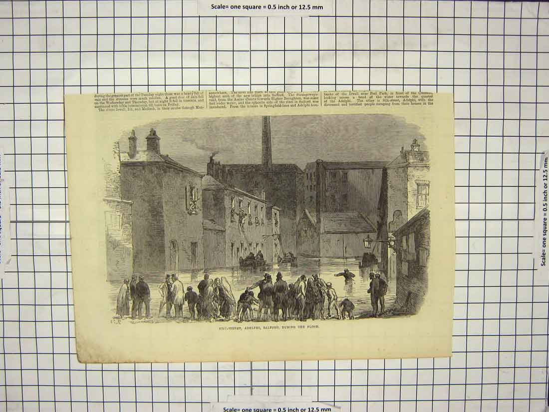 Original Old Antique Print Scene Silk Street Adelphi Salford River Floods