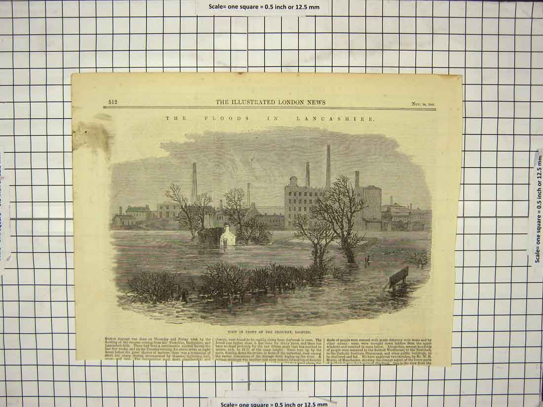 Original Old Antique Print 1866 Floods Lancashire England View Crescent Salford
