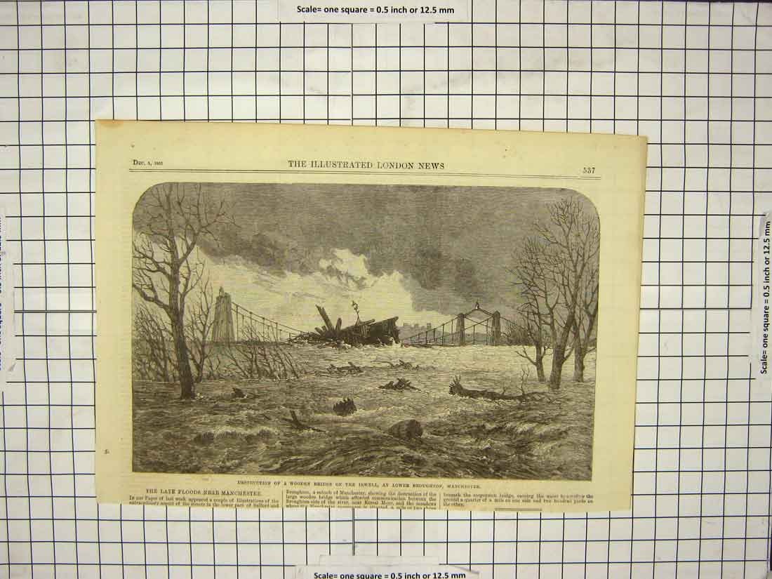 Old Antique Print 1866 Destruction Wooden Bridge Irwell River Broughton 19th