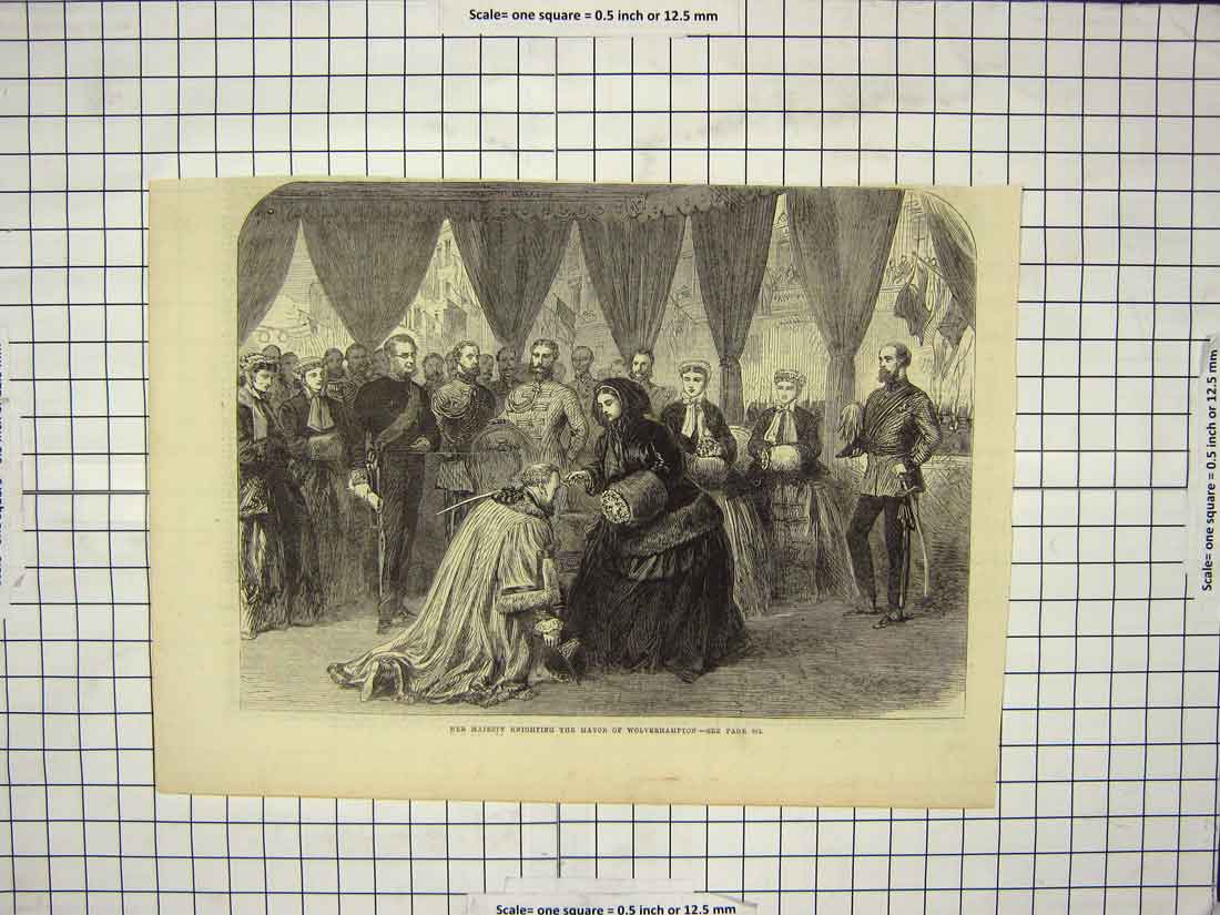 Original Old Antique Print Scene Queen England Knighting Mayor Wolverhampton