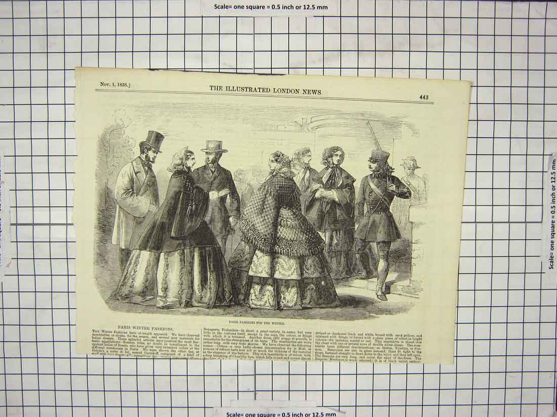 Original Old Antique Print 1856 Paris Winter Fashion Ladies Dresses Victorian
