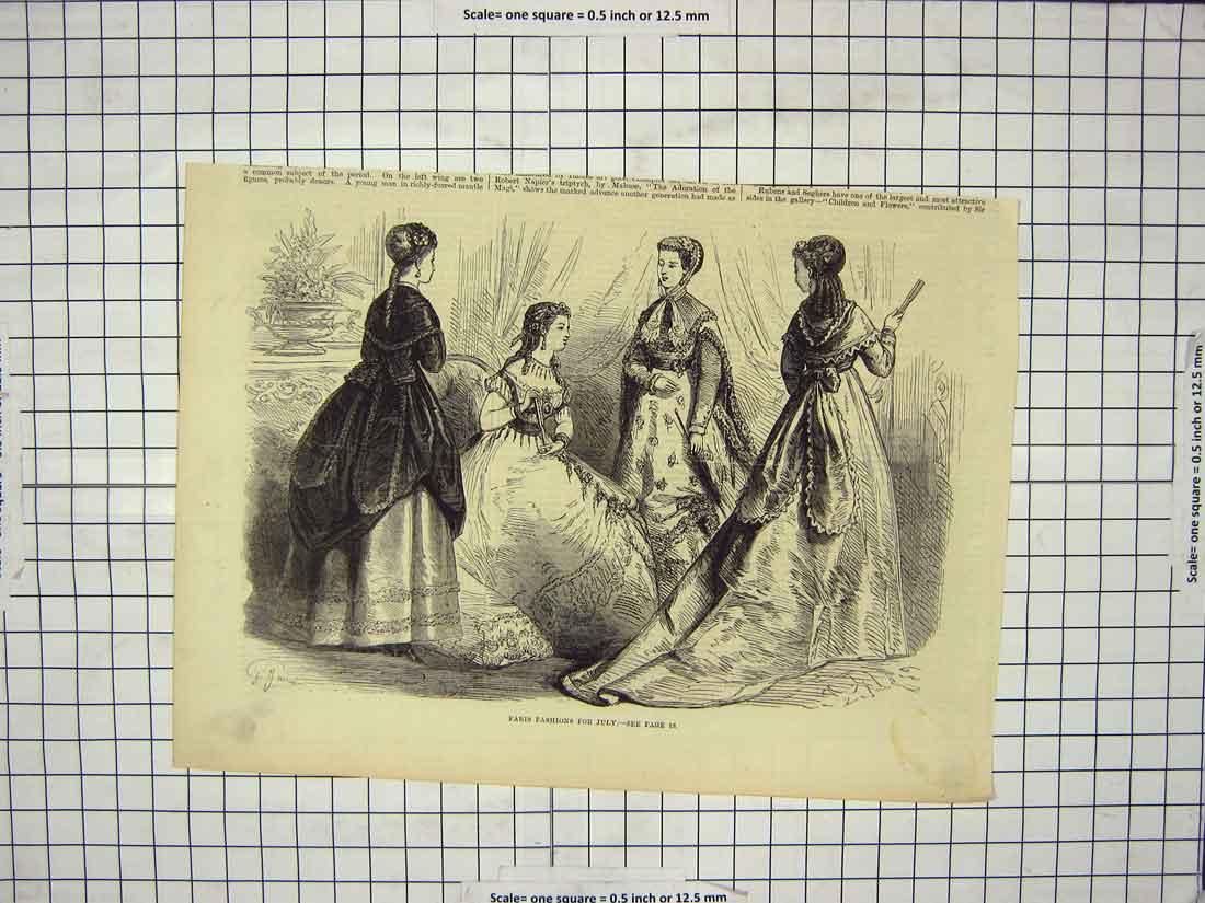 Original Old Antique Print Paris Fashion July Ladies Dresses