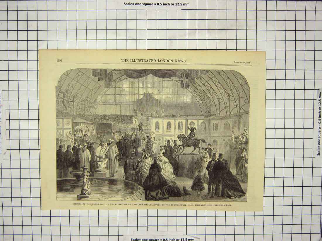 Original Old Antique Print 1865 London Exhibition Arts Manufactures Islington