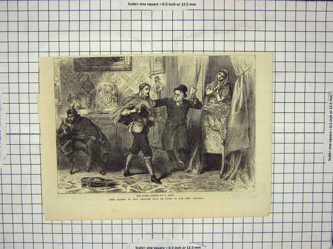 Original Old Antique Print Family Home Scene Charade Hunt