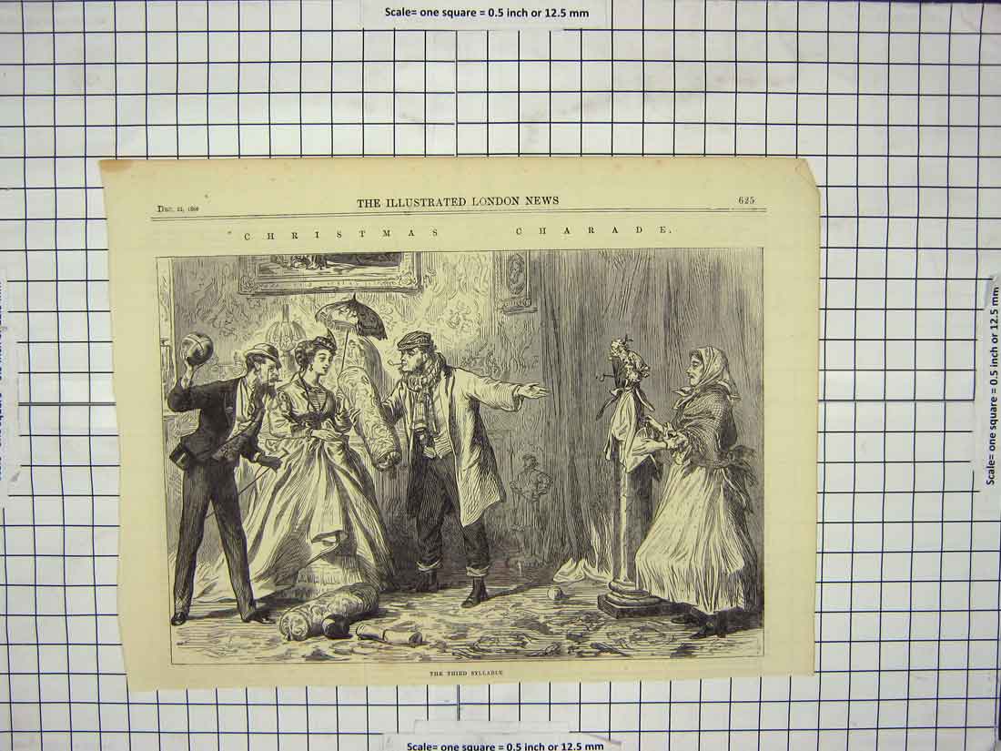 Original Old Antique Print 1866 Christmas Charade Family Home 19th