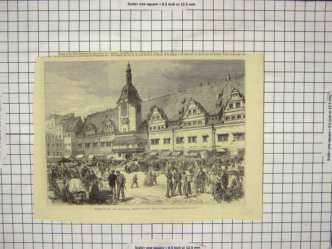 Original Old Antique Print Market Place Rath-Haus Leipsic Saxony Street Scene
