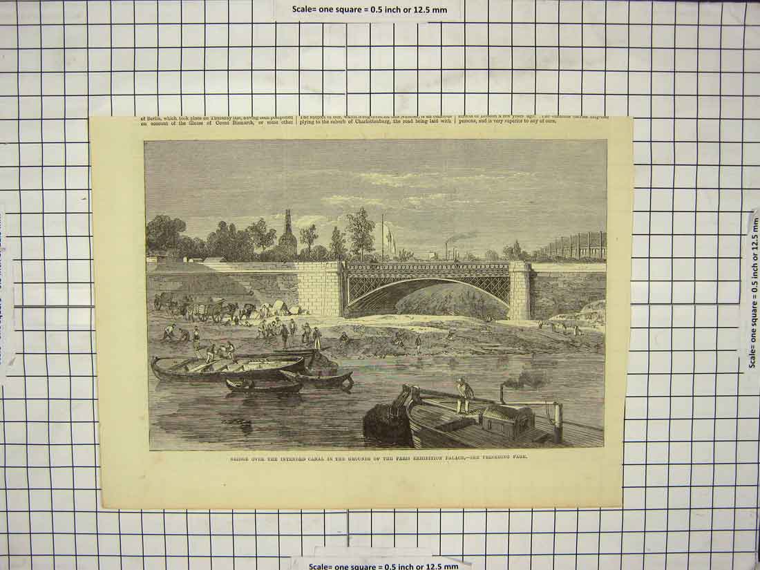 Original Old Antique Print Bridge Canal River Paris Exhibition Palace Boats